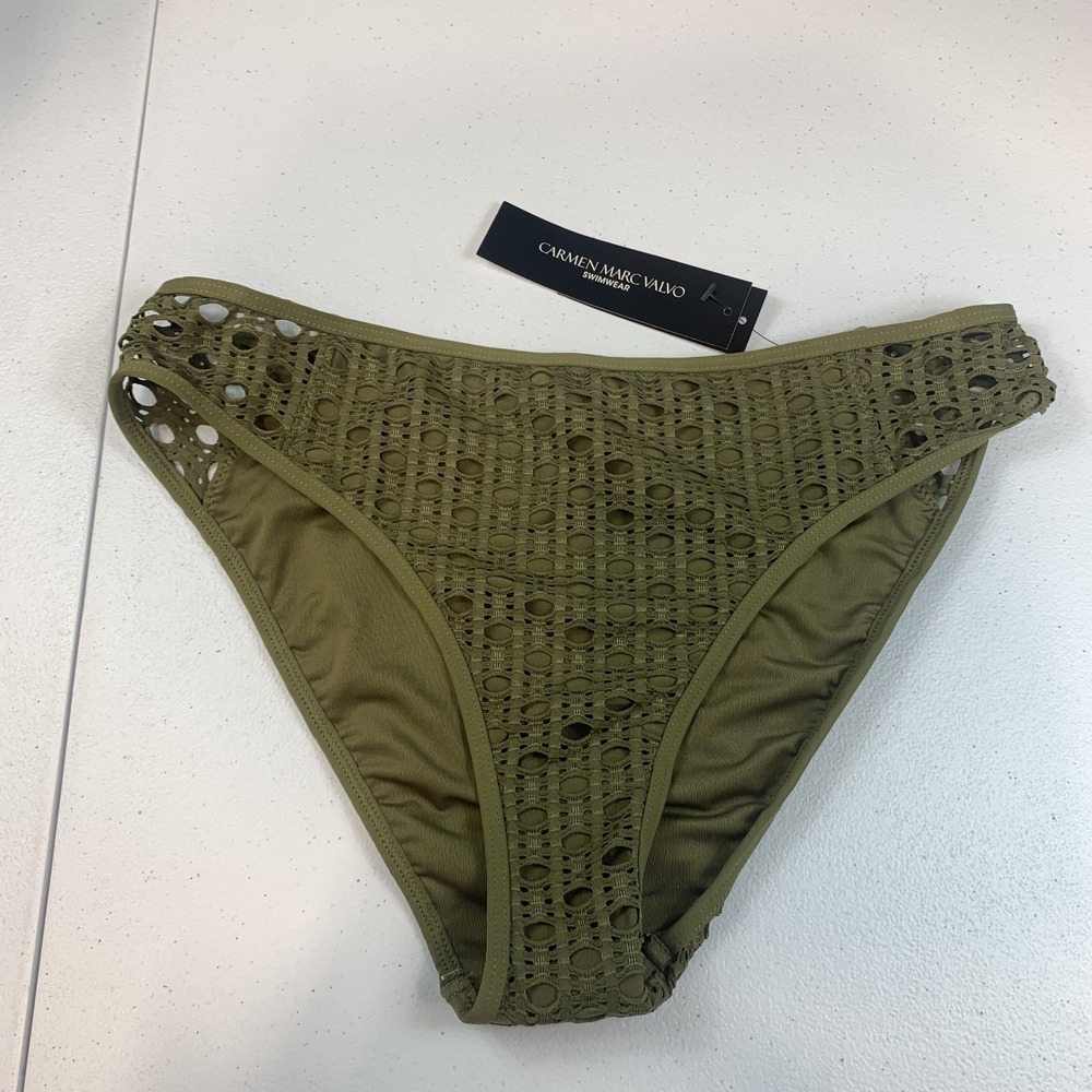 Carmen Marc Valvo Women's Bikini Bottoms Medium Swim Laser Cutouts Olive Green
